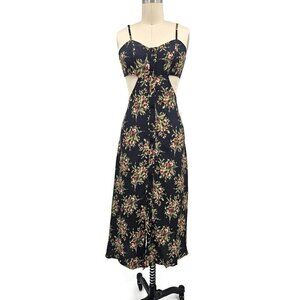 New Flynn Skye Mallory Dress Womens XS Navy Blue Floral Rayon Cut Out Tie Back